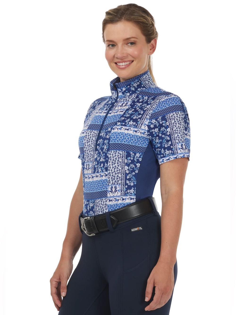 Kerrits Always Cool Ice Fil Short Sleeve Riding Shirt  Equestrian Zip Patchwork